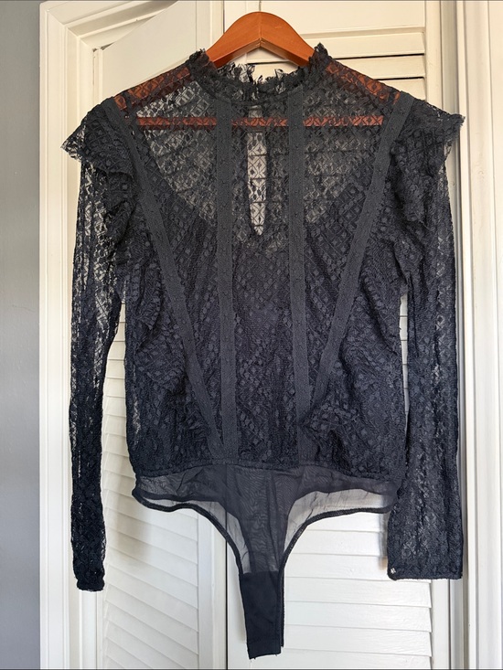 Free People Tops - Free People Black Lace Long-Sleeve Bodysuit
